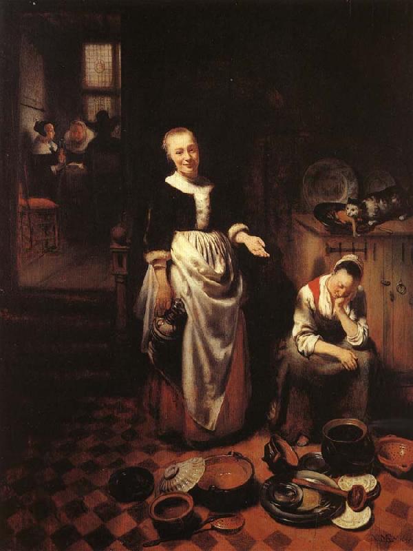 MAES, Nicolaes Interior with a Sleeping Maid and Her Mistress Sweden oil painting art